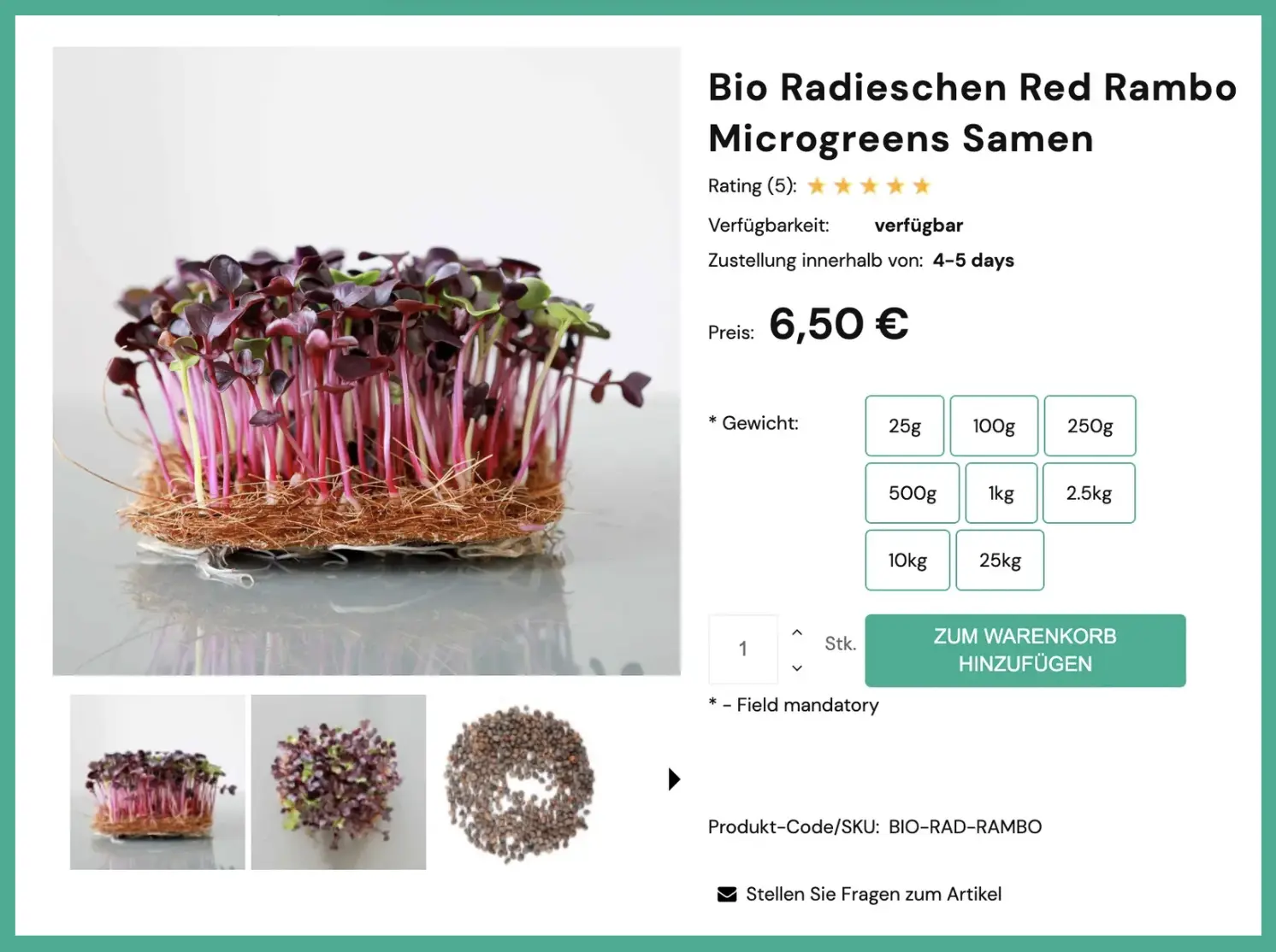 Auswahl an Bio-Radieschen Red Rambo Microgreens Samen 